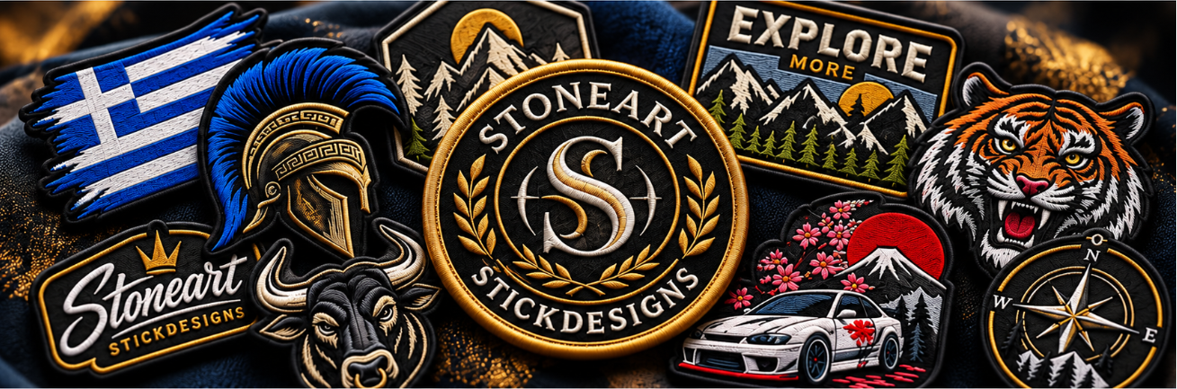 Collage verschiedener Patchmotive: griechische Flagge, Spartanerhelm, Berge, Tiger, Auto und Stoneart Emblem